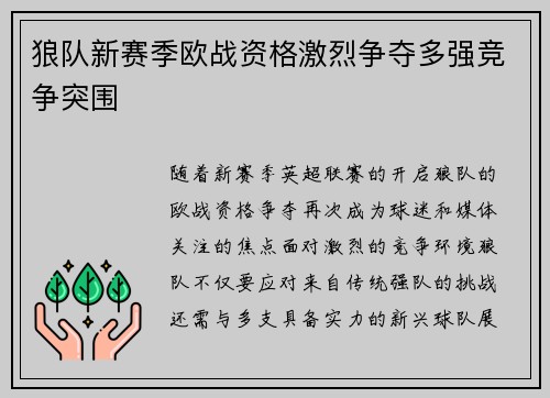 狼队新赛季欧战资格激烈争夺多强竞争突围